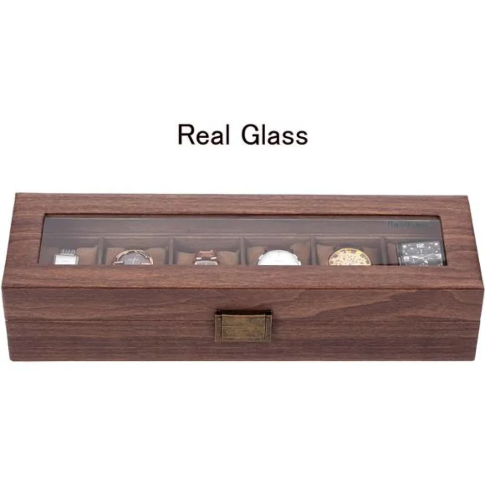 6 Slot PU Leather Watch Box Organizer Watch Case with Glass Top Luxury Watch Box